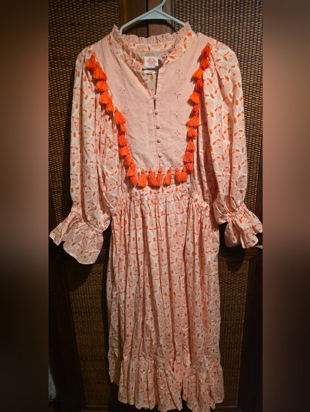 Elizabeth Wilson EUC Medium 21ptp Peach Tassel-Trim Midi Dress - Fit Large